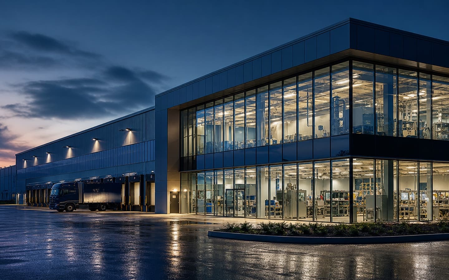Modern manufacturing and logistics facility illuminated at blue hour