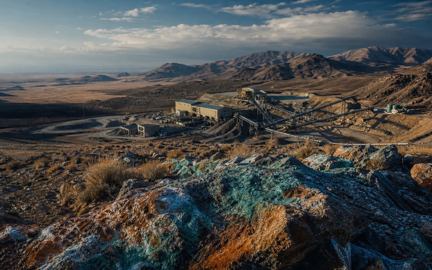 Critical-minerals processing facility in a rugged landscape with mineral-rich rock in the foreground