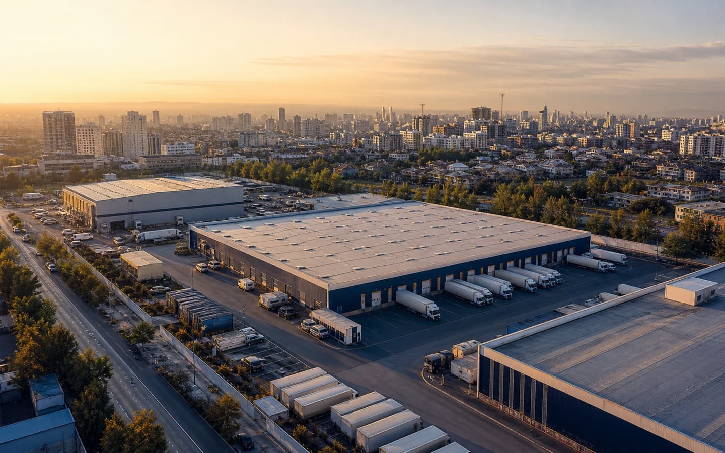Urban logistics warehouses and distribution vehicles near a city at golden hour