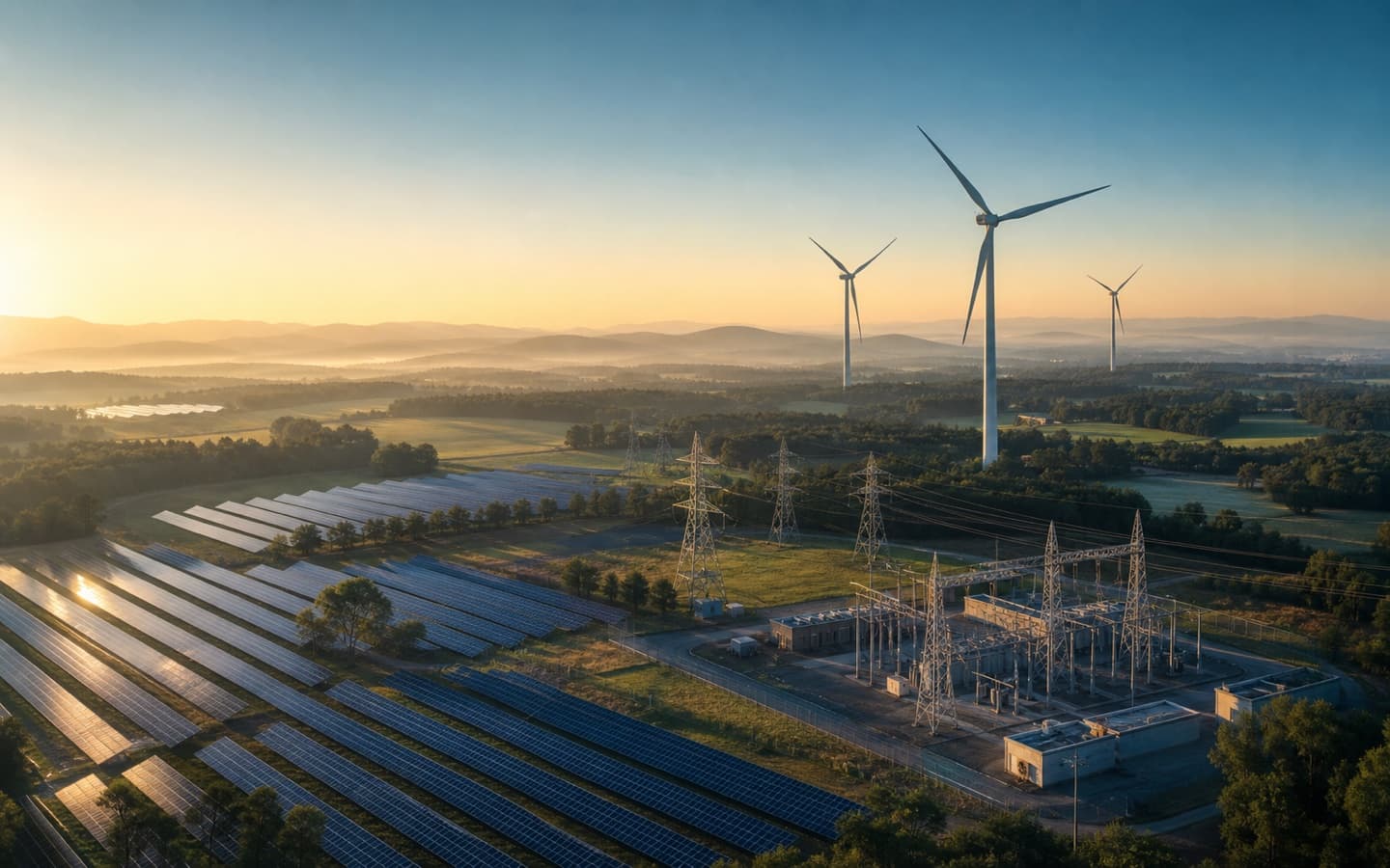 Solar arrays, wind turbines and electricity infrastructure across a rural landscape at sunrise