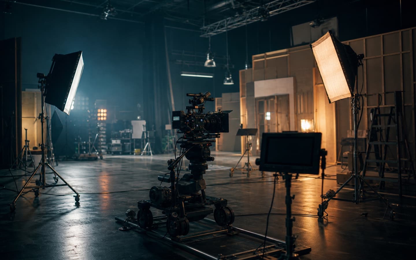 Cinema camera, lighting and set equipment inside an independent film soundstage